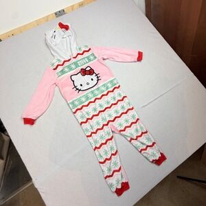 Hello Kitty Sanrio Girls Pink Fleece Hooded One Piece Pajama Union Suit XS 4/5